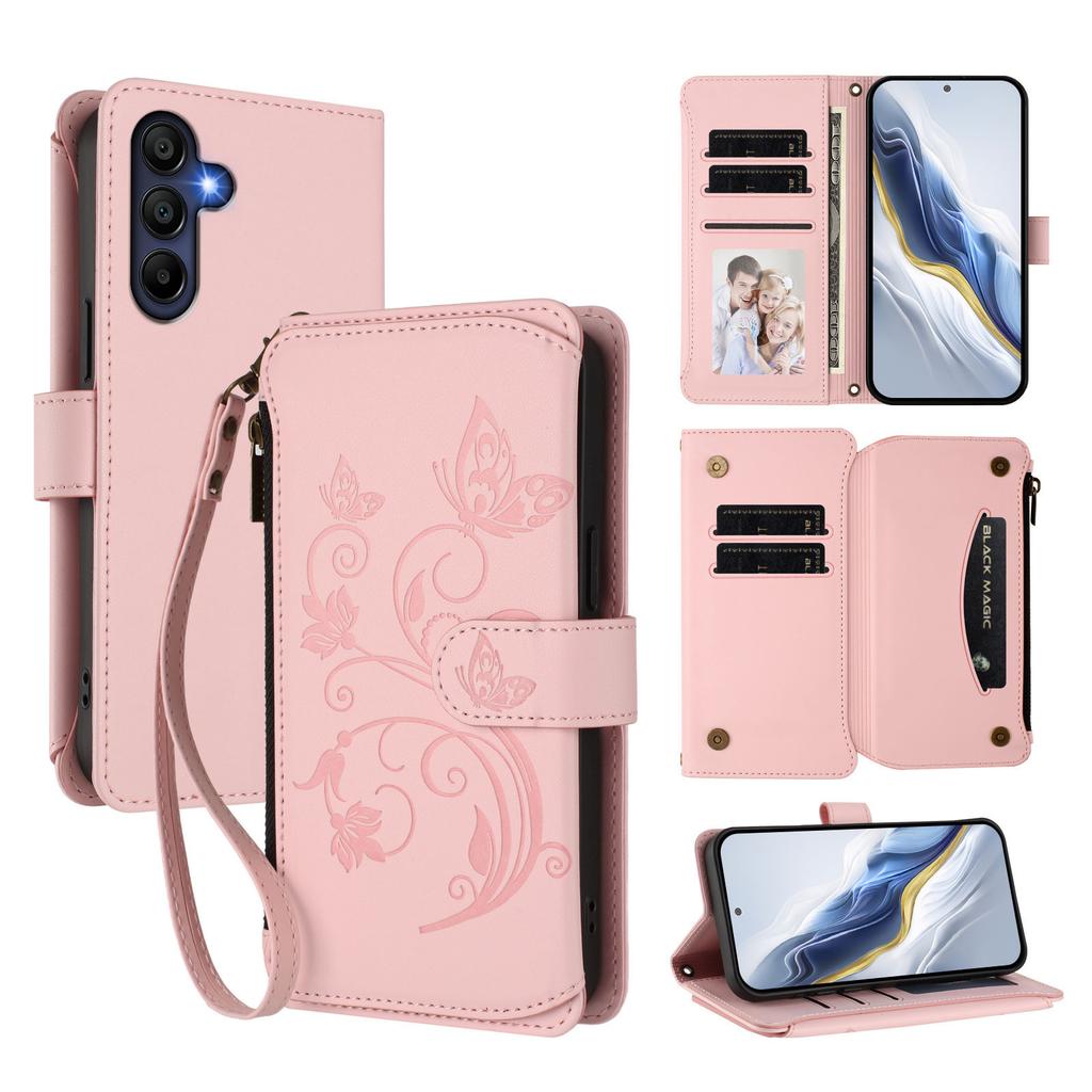 For Samsung Galaxy A16 4G/Galaxy A16 5G Leather Case Butterfly Floral Imprint Zipper Wallet Stand Cover with Wrist Strap