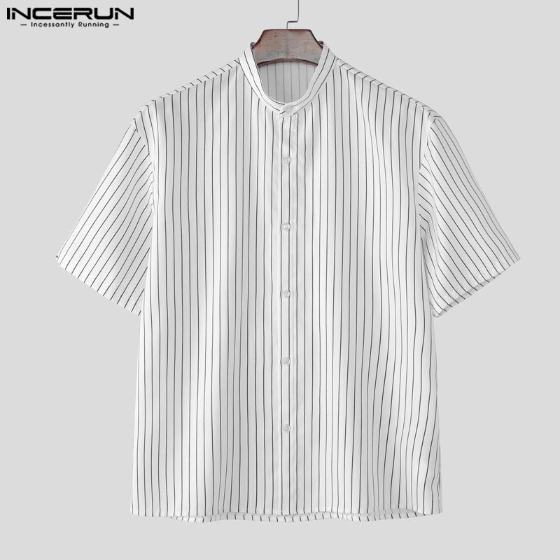 INCERUN Men Short Sleeve Henley Shirt Striped Loose Casual Tops