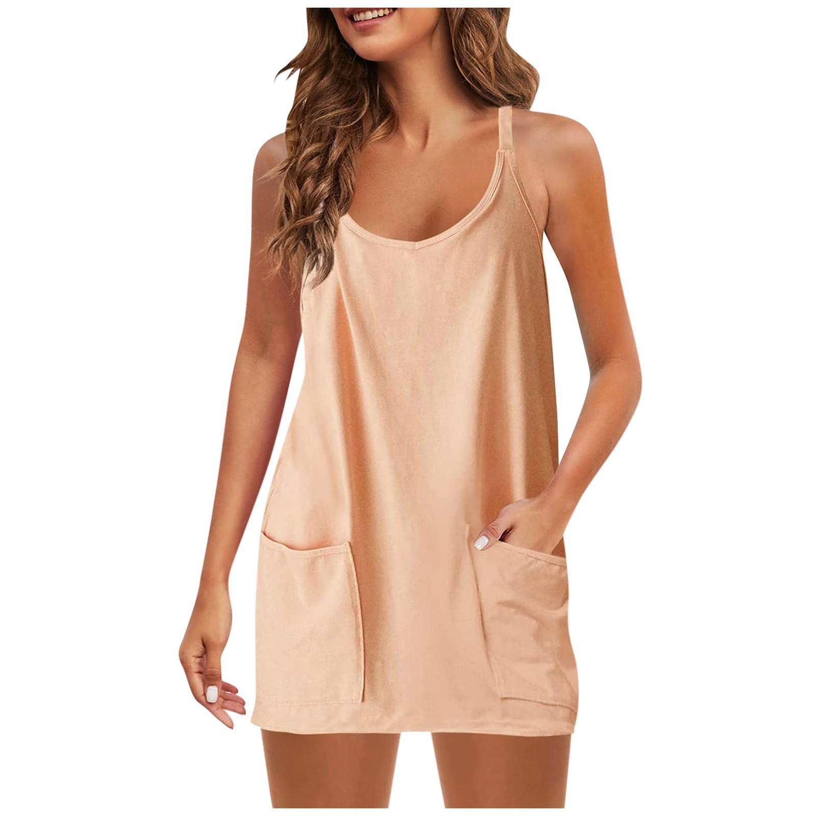 Womens Summer Sleeveless Dress V Neck Adjustable Spaghetti Strap Athletic Short Dress With Pockets S