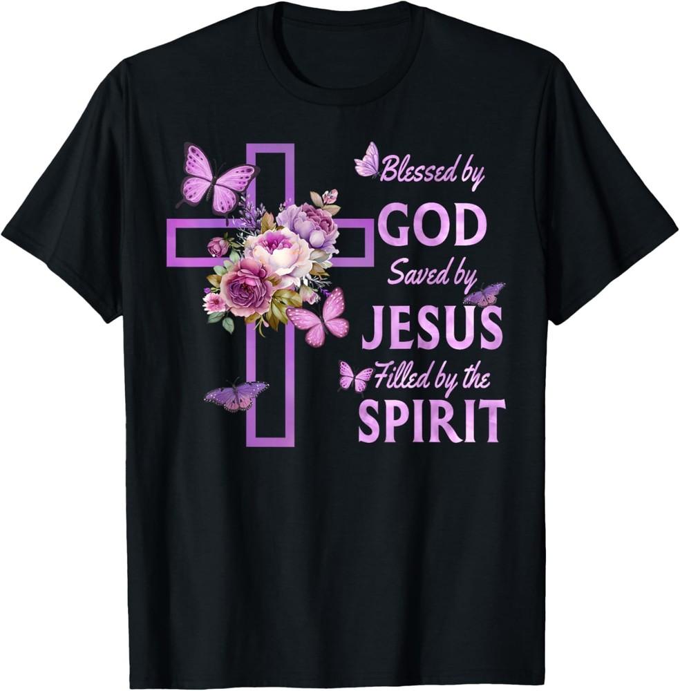 Blessed by God Saved by Jesus Purple Floral Cross Christian T-Shirt Unisex T-Shirt