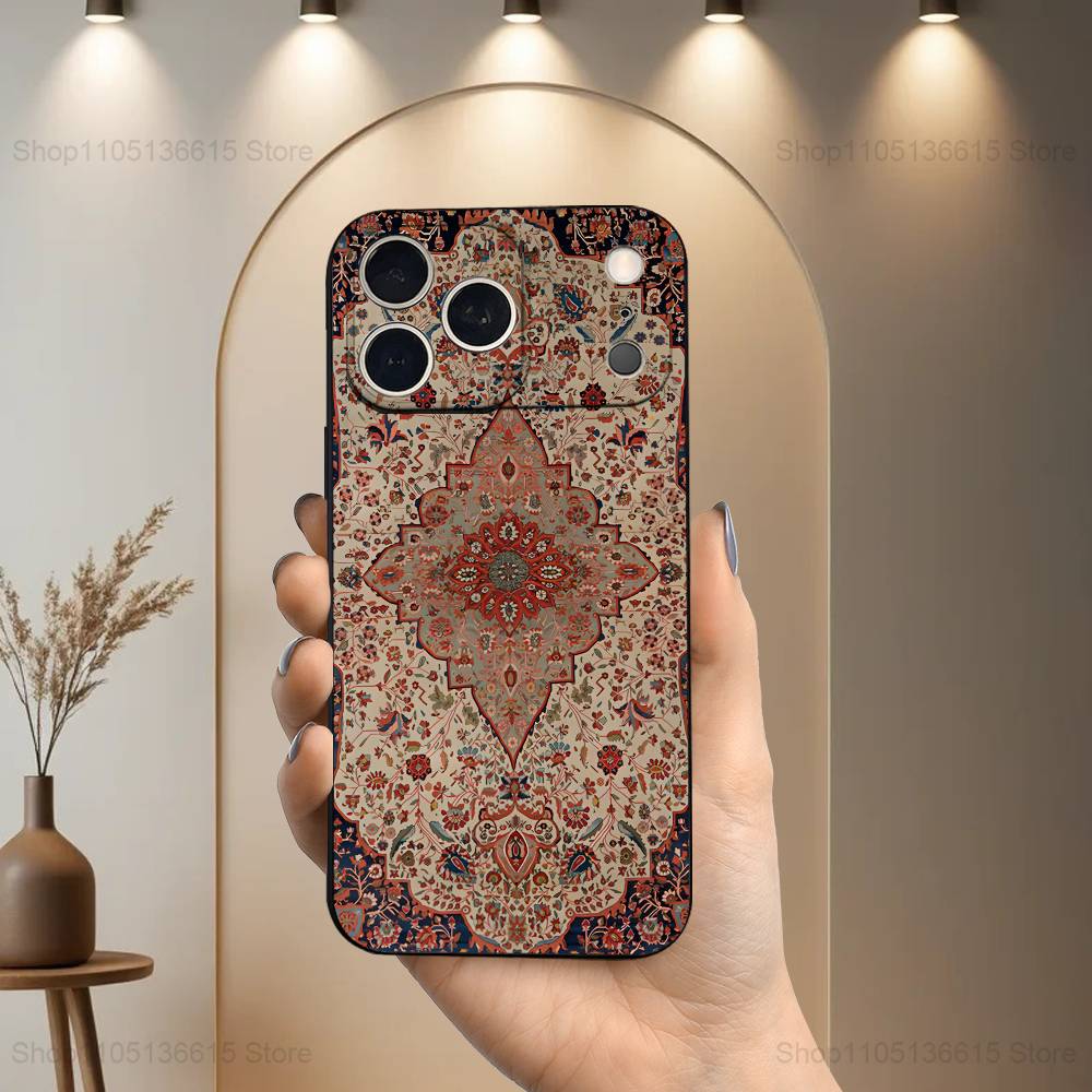 Persian Carpet Floral Pattern Case For iPhone 15,17,16,12,14,13,11,Plus,Pro Max,XS,X,Mini,8,7,XR,SE,Soft Silicone Black