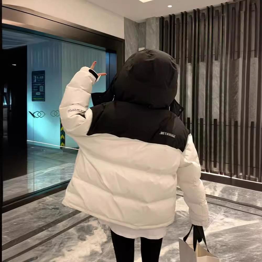 Down jacket women's 2024 winter new contrasting color short hooded white duck down thickened warm windproof jacket