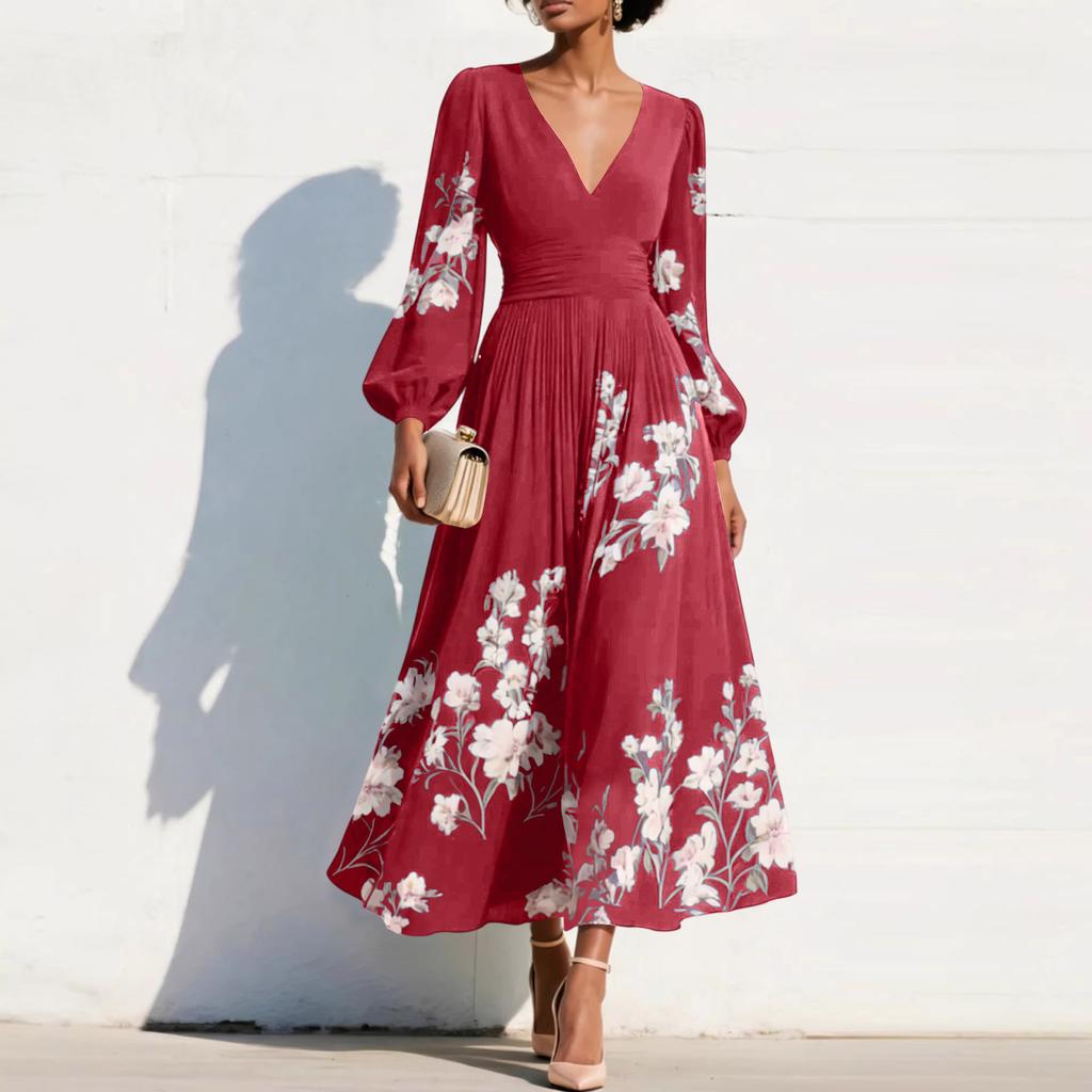 Damen Maxikleid mit langen Ärmeln, V-Ausschnitt, Falten und Blumendruck, Elegante Passform, Ausgestellter Schnitt, Lange Länge, Für Freizeit und formelle Anlässe