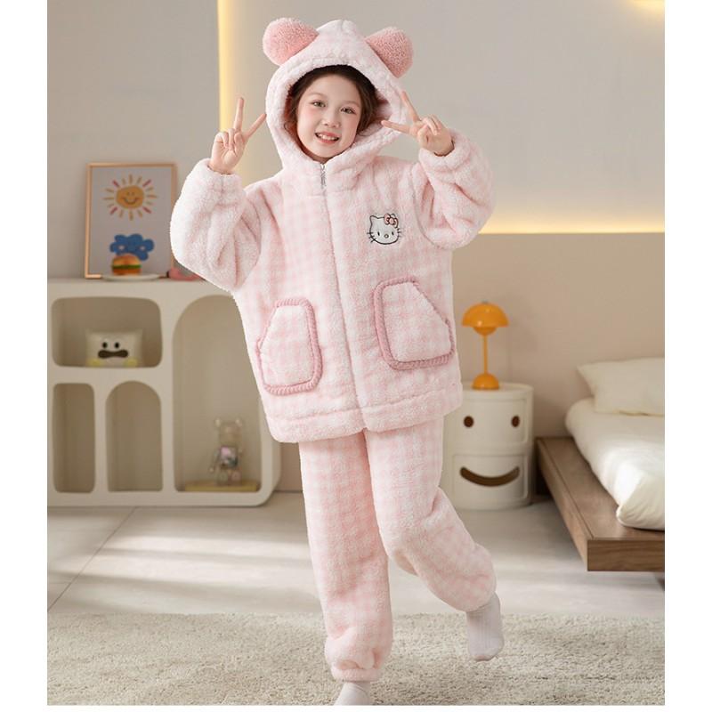 Girls Warm Coral Fleece Pajama Set With Hooded Top Pants Thick Soft Sleepwear Winter