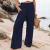 Women Pants Pleated Elastic Waist Straight Wide Leg Long Trousers with Pockets Pure Color Loose Fit Summer Lounge Pants