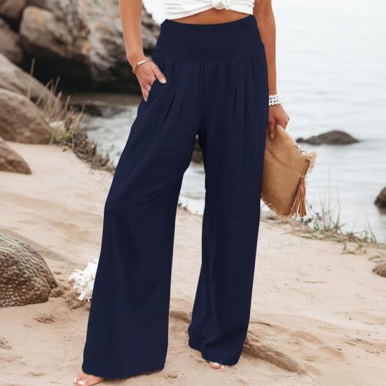Women Pants Pleated Elastic Waist Straight Wide Leg Long Trousers with Pockets Pure Color Loose Fit Summer Lounge Pants