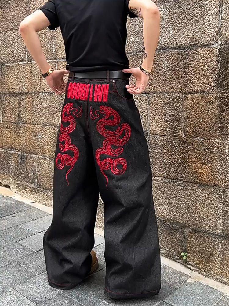 ZYLLO Americké červené Vyšívané džíny Retro Široké kalhoty k podlaze Velká velikost Těžký průmyslový design Senzorický streetový oděv