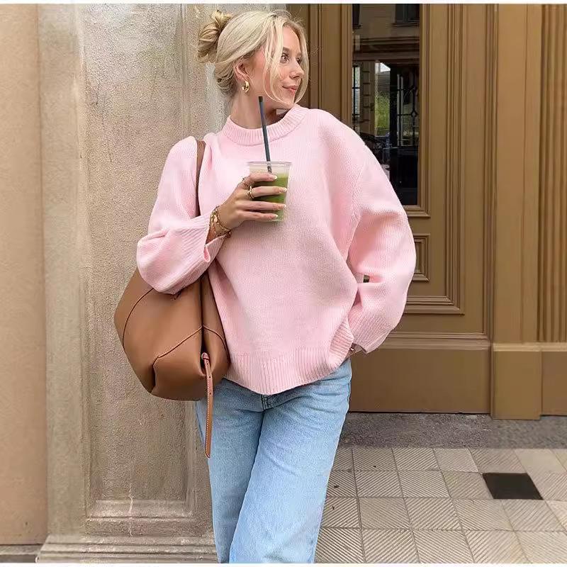 2024 Pink Sweet Round Neck Pullover Sweater - European & American Winter Style
