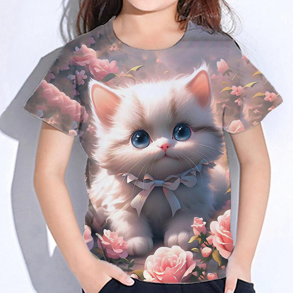 Girl Clothes Cute Cat Print T Shirt Short Sleeve Girl T-Shirt Summer Kids Clothes Crew Neck Tee Top Shirts Fashion Child T Shirt