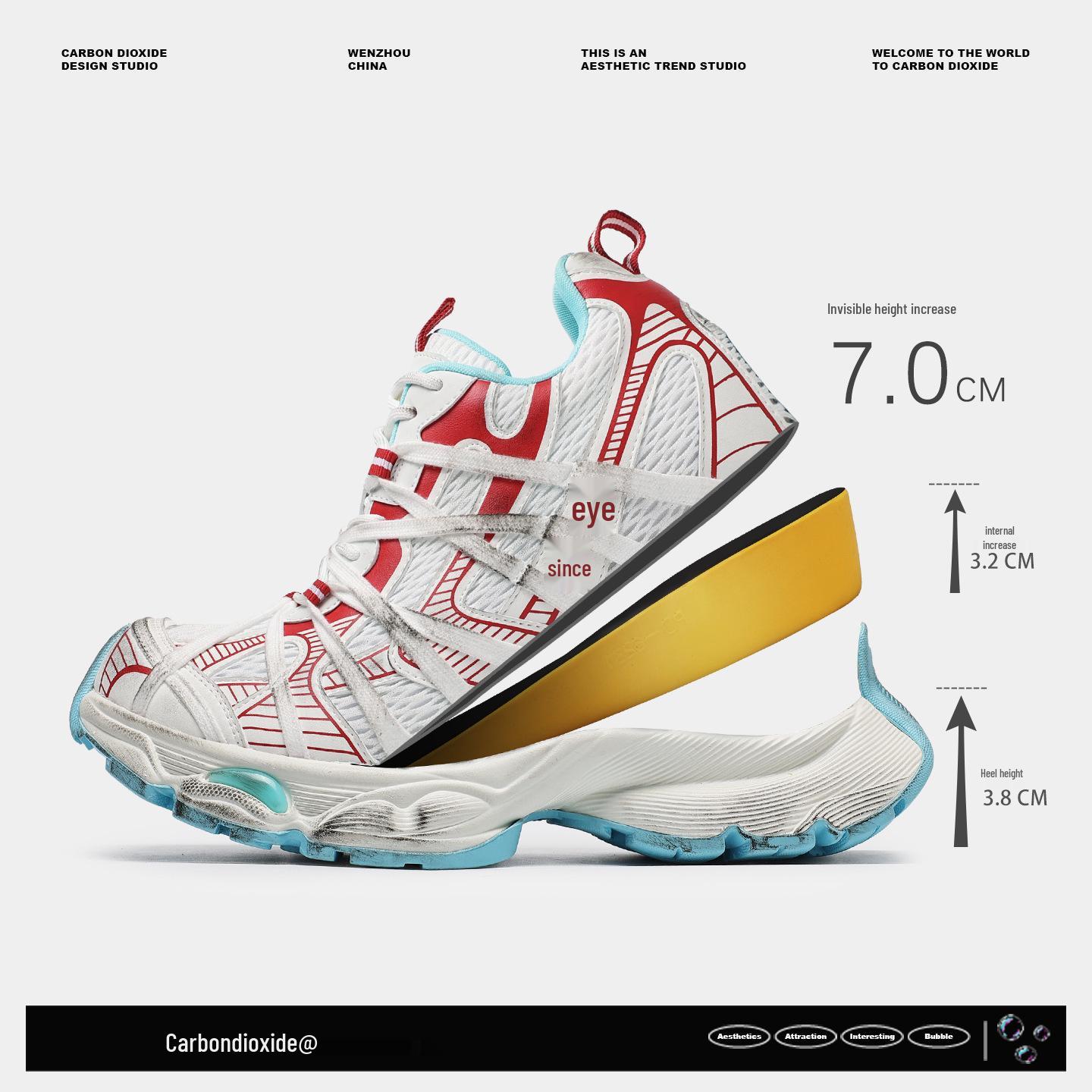 

Unisex 7cm Height-Boost Dad Sneakers: Breathable Mesh, Thick Sole, Lace-Up, Distressed Style. 35 (Women s)