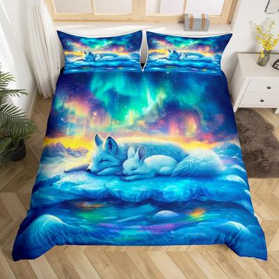 Cute Animal Duvet Cover Set Twin Queen Rabbit Fox Rustic Bedding Set, Starry Sky Galaxy Northern Lights Dreamy Comforter Cover