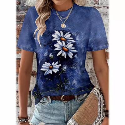 2025 Women's Round Neck Short Sleeve Women's Summer Plant Flower 3D Printed T-shirt Loose and Versatile Casual Women's Top