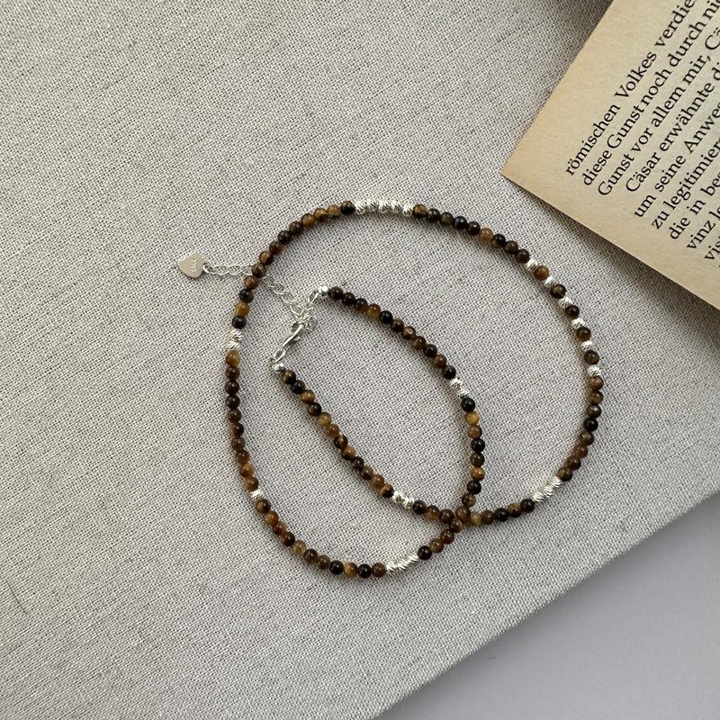 S925 Sterling Silver Niche Design Car Flower Glitter Tiger'S Eye Stone Necklace Handmade Beaded Fashionable Collarbone Chain