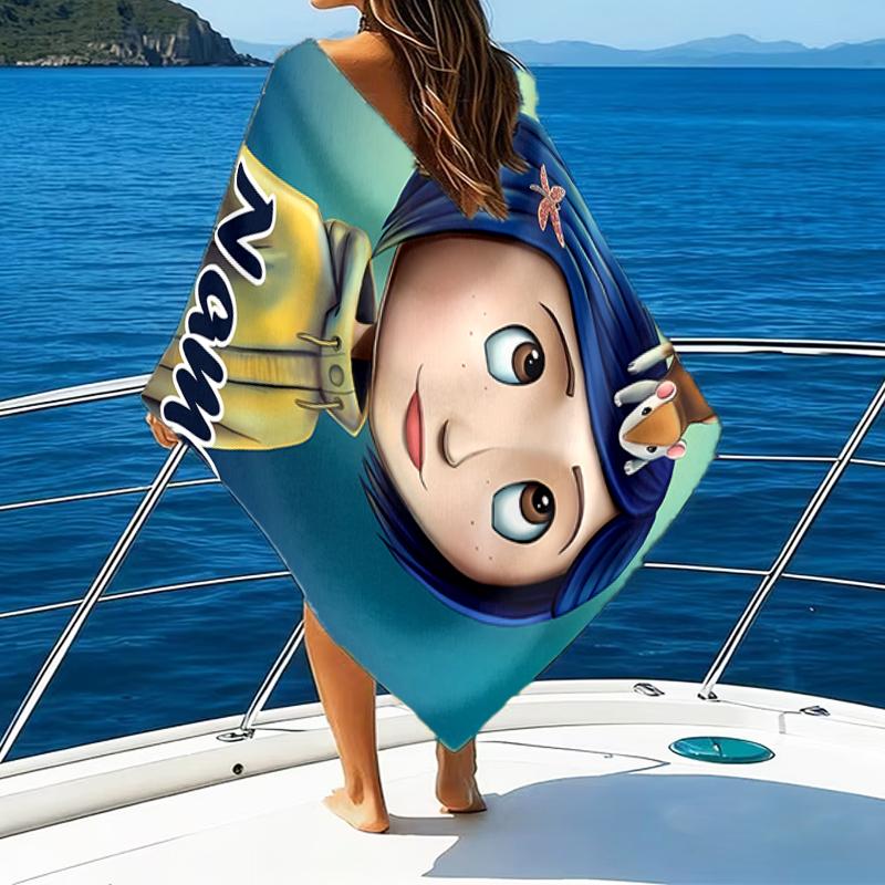 1pc Coraline1 Beach Towel with Custom Name, Beach/Swimming/Bath/Picnic/Camping Towel, Suitable for Seaside Beaches
