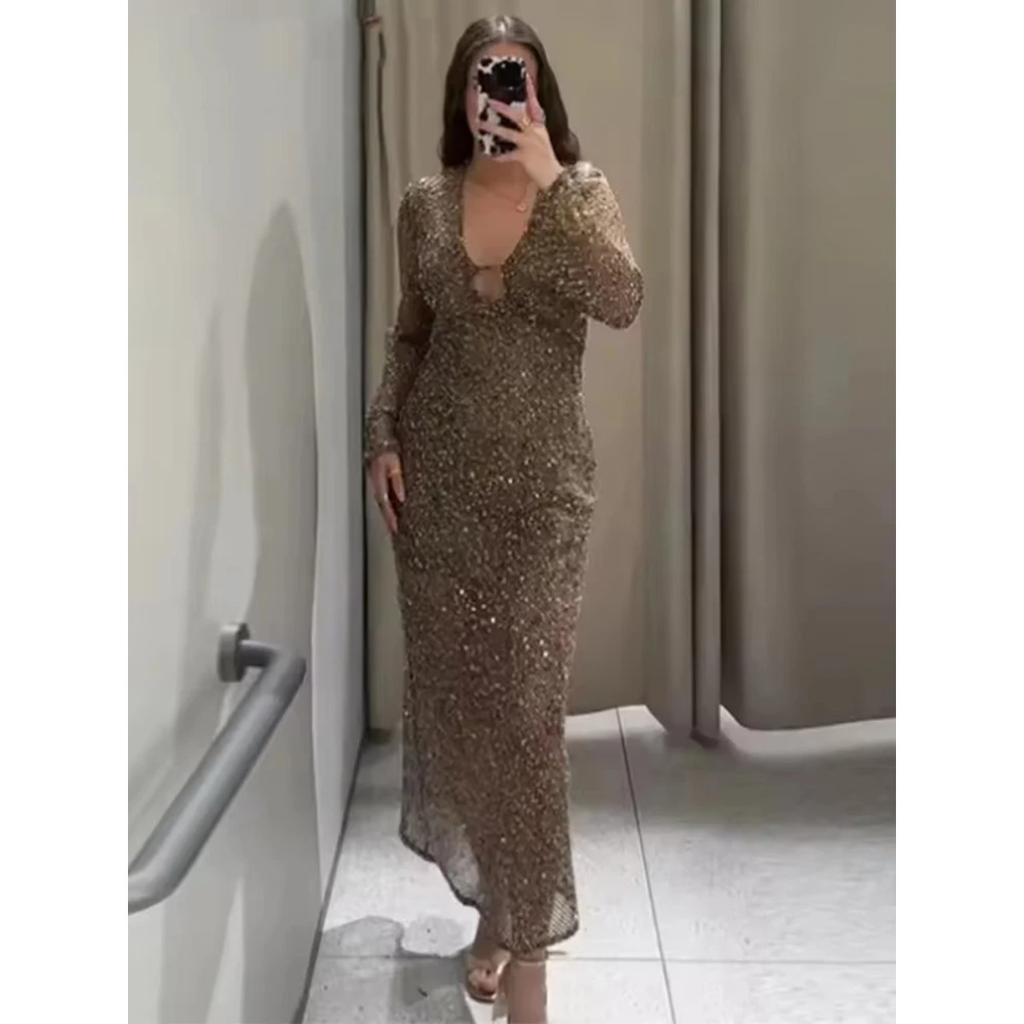 LYRIA Sexy Sequined Long Pleated Dress Women Deep V-neck Full Sleeve See Through Dresses Summer Lady Party Evening Dresses