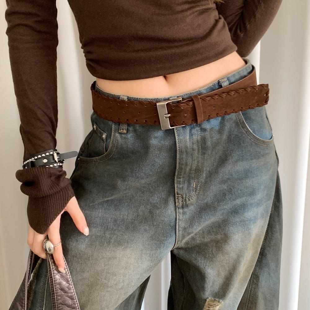 Vintage Pin Buckle Suede Leather Belt Frosted Luxury Design Women Waist Belt Versatile Woven Waistband Coat Skirt Decoration