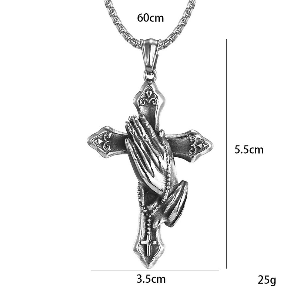 Vintage Praying Hands Cross Pendant Necklace Hip-hop Stainless Steel Chain Neck Accessories Hip Hop Rock Jewelry Gifts
