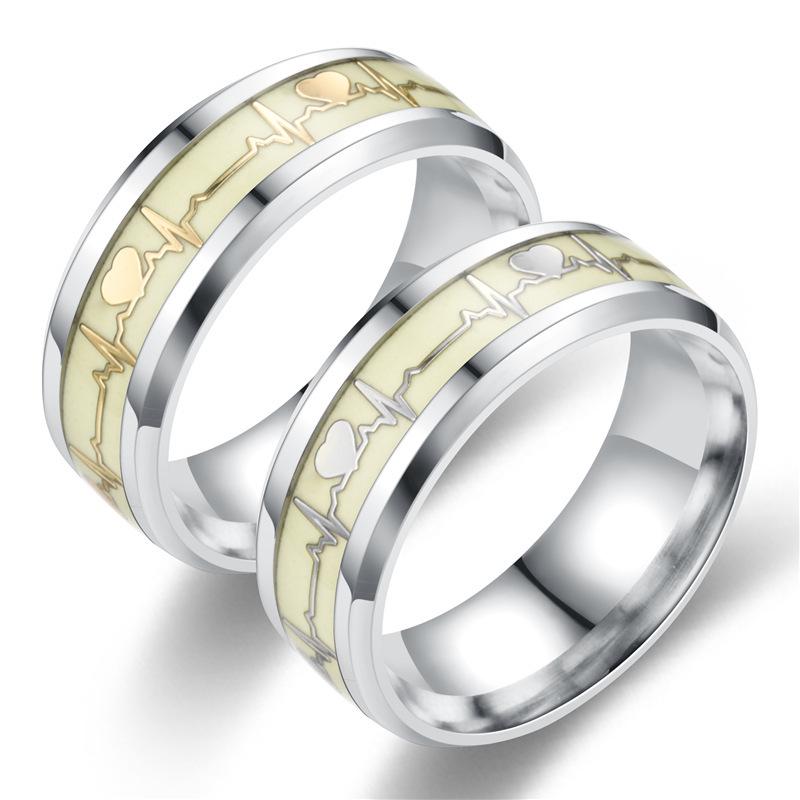 Heart-shaped Titanium Steel Luminous ECG Couple Rings - Unisex European & American Fashion Jewelry