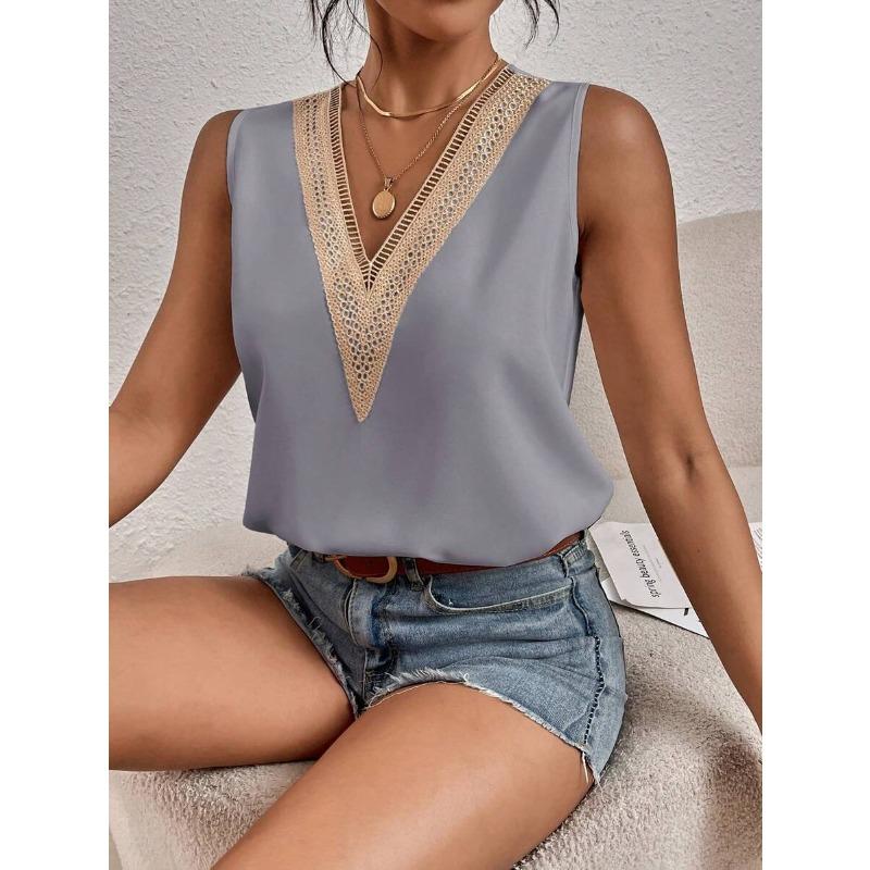 Women's Lace Patchwork Top Satin Shirt, Spring and Summer Loose Sleeveless Blouses & Shirts