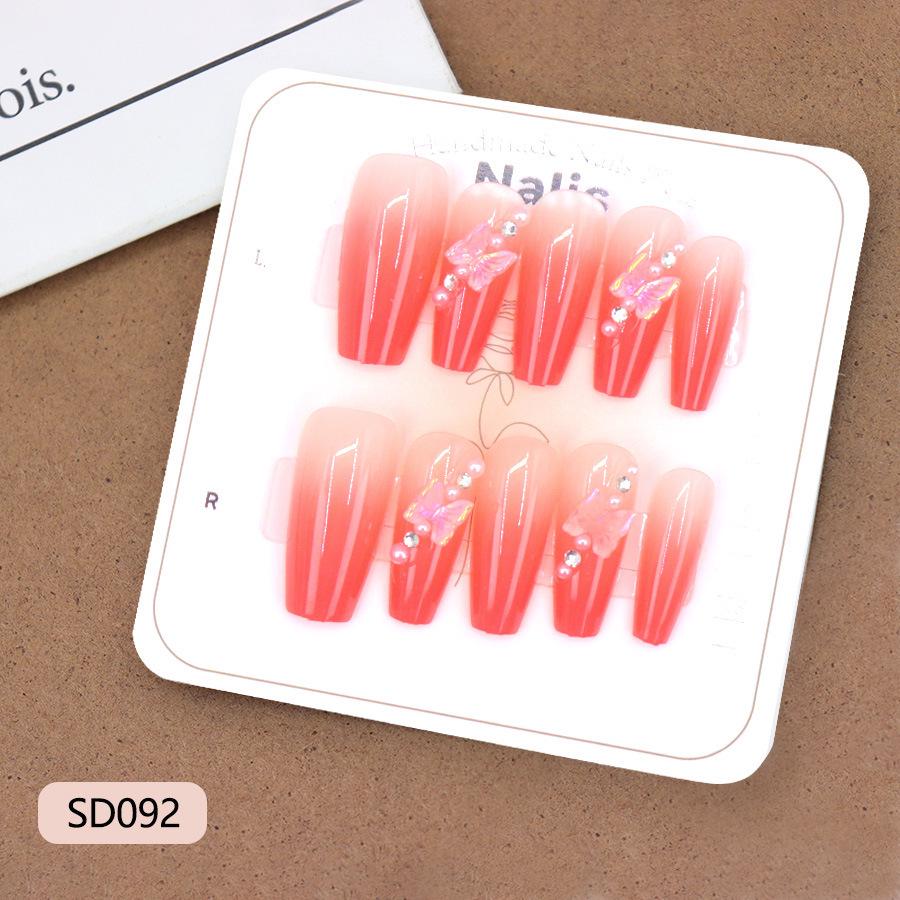 Rhinestone Gradient Peach Red Butterfly Nail Art Tips Small