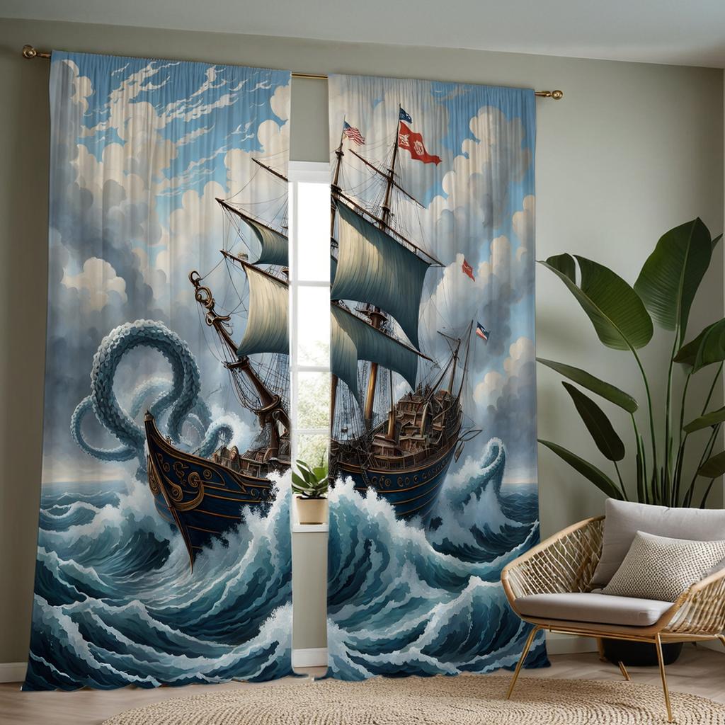 2 pieces of high definition sea sailboat decorative curtain Blue tie digital printed curtain home decoration style decoration li