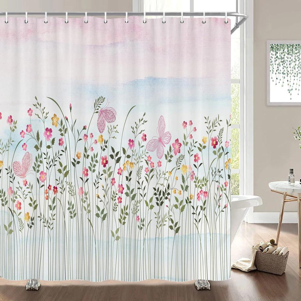 Elegant Flowers Shower Curtain 180x180cm Floral Printed Shower Curtain Polyester Bath Curtain Bathroom Decor Washable With Hooks