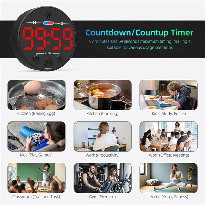 

A60Z Top Visual Digital Timer With LED Display - Ideal For Kitchen, Classroom, Productivity, Kids - Magnetic, Loud Alarm красный