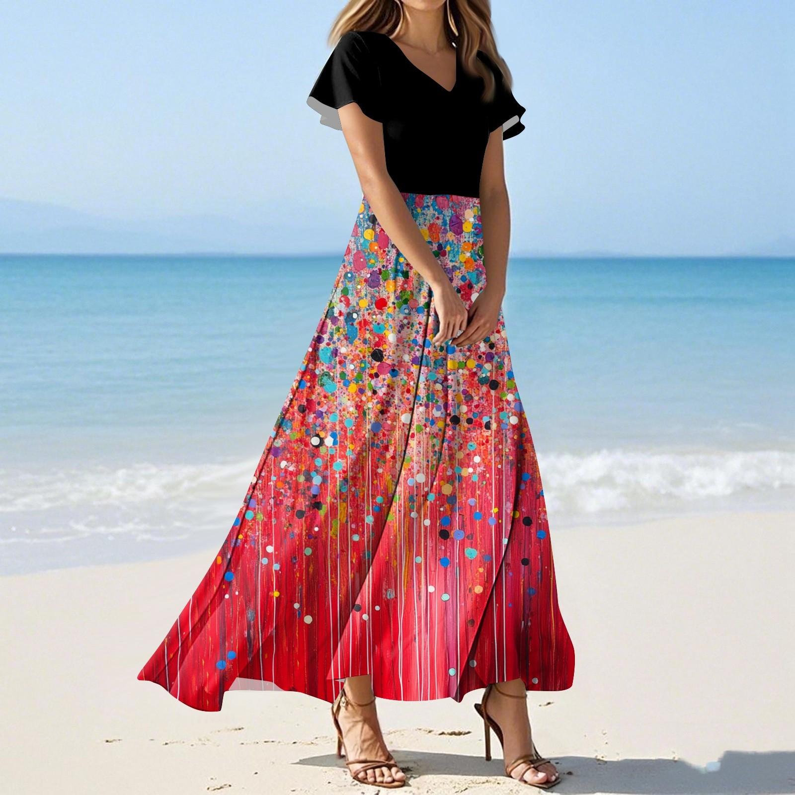 

Женские летние платья Повседневный сарафан Свободные платья с V-образным вырезом и струящимися оборками с короткими рукавами XS винный