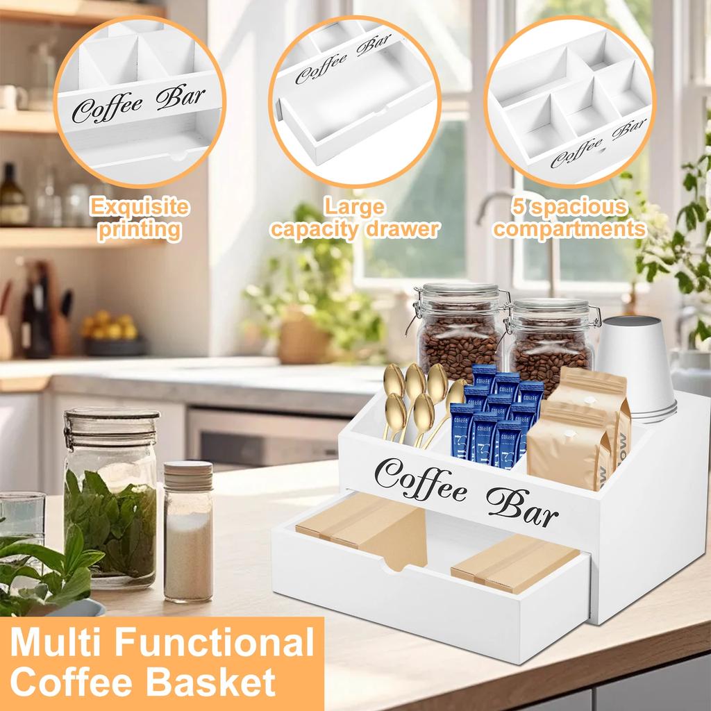 Coffee Bar Organizer with Drawer Wood Coffee Bar Accessories Organizer Coffee Station Organizer Versatile Coffee Pods Holder New