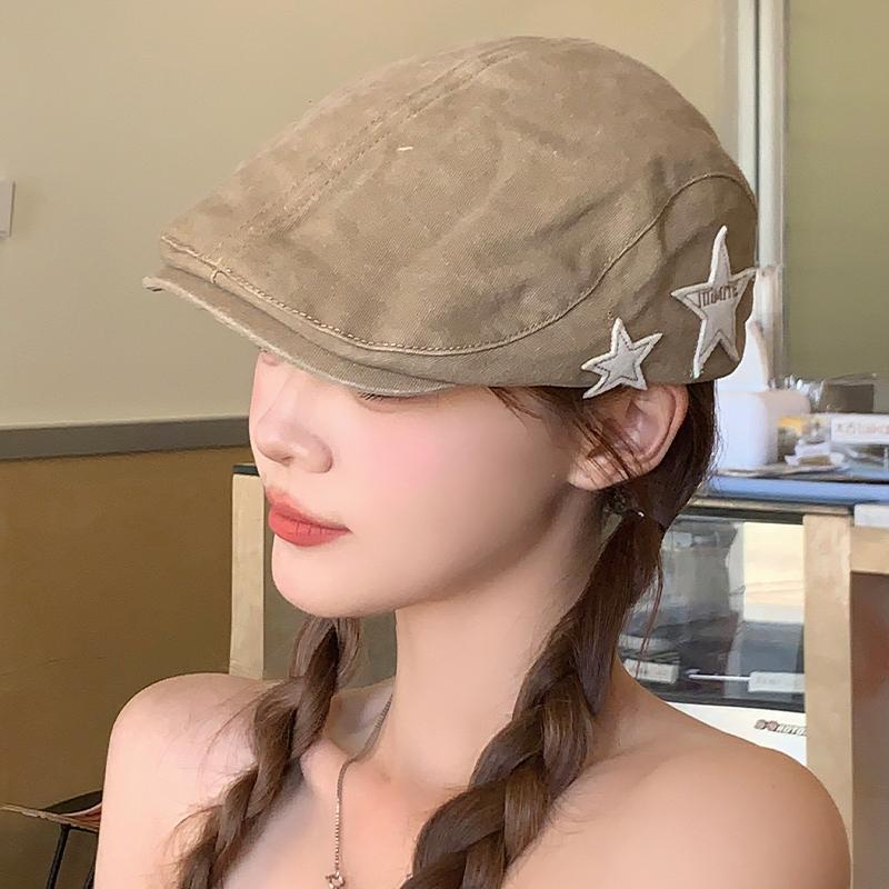 American Retro Star Beret, British Casual Face Enhancing Small Artist Hat, Simple and Versatile, Suitable for Spring and Summer