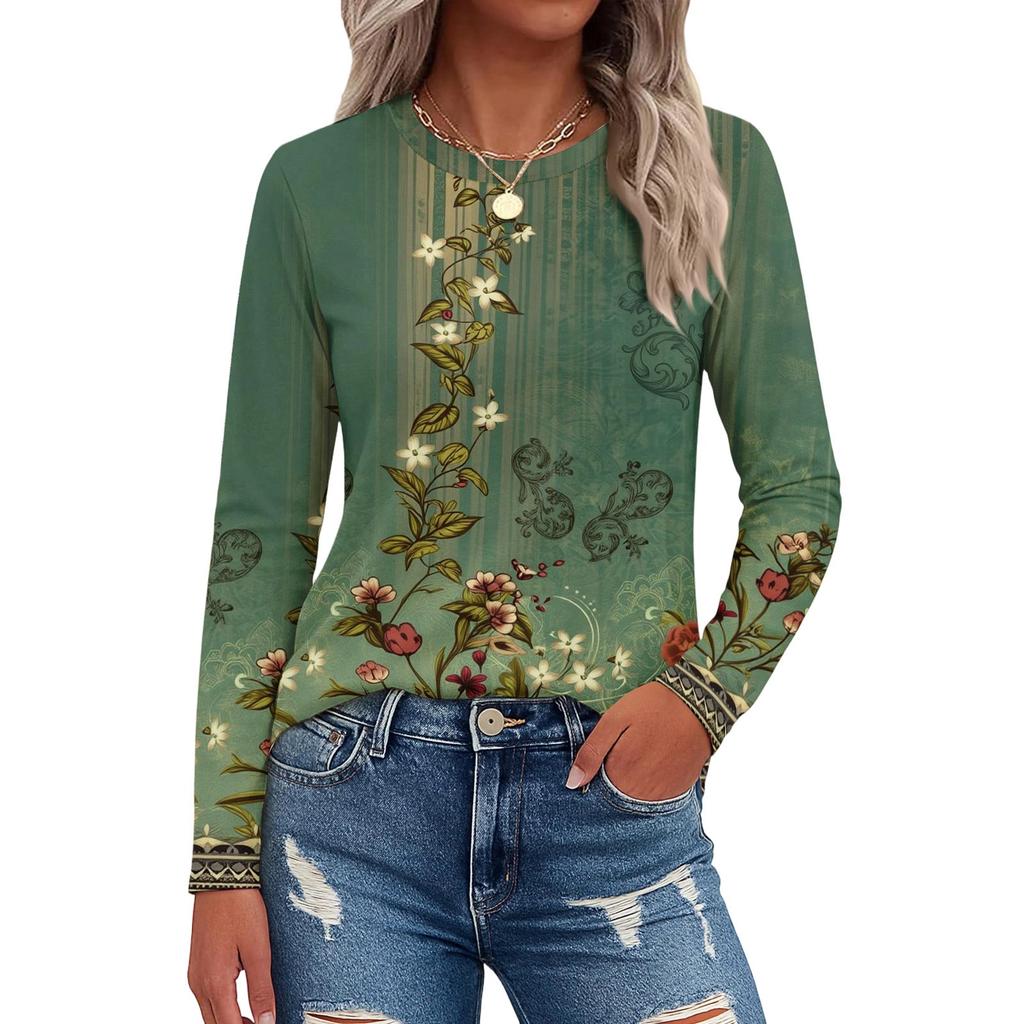 Dames casual T-shirt met split aan de zoom, ronde hals, lange mouwen en losse print.