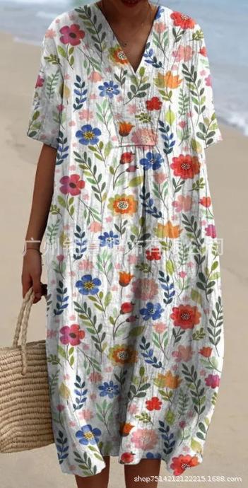 New Loose Casual Comfortable V-neck Digital Printing Pleated Large Version Dress