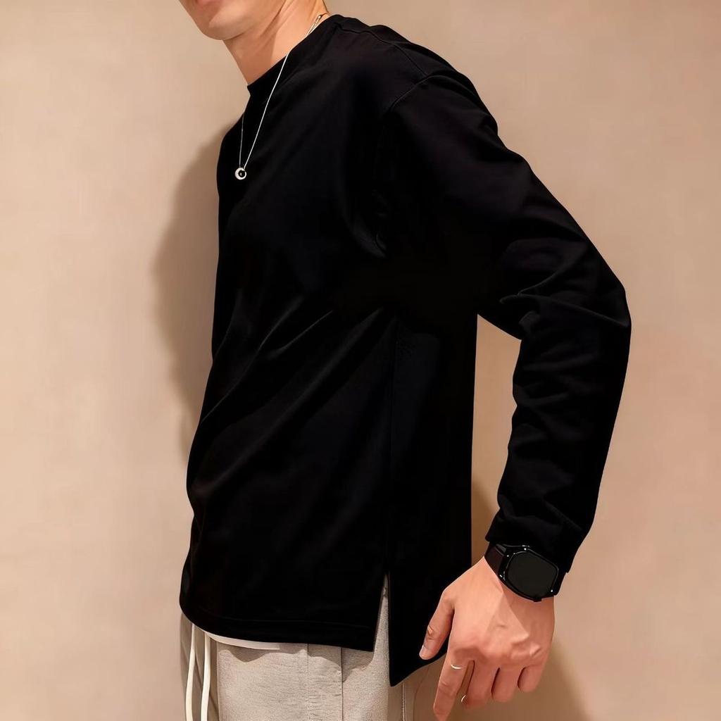 Autumn Design Slit Top Men's Loose Bottoming Round Neck Long Sleeve Solid Color T-shirt