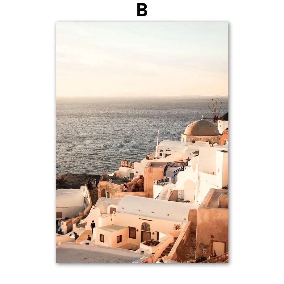 Griechenland Küsten Poster Santorini Meer Terrasse Baum Haus Strand Wand Kunst Leinwand Malerei Druck Bilder Wohnzimmer Wohnkultur