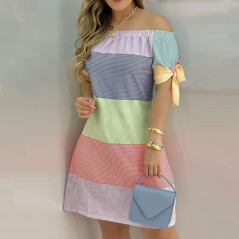 Moda damska Off Shoulder Dress Slash Neck Krótki rękaw Bow Tie Print Sukienki Summer Plus Size Beach Dress