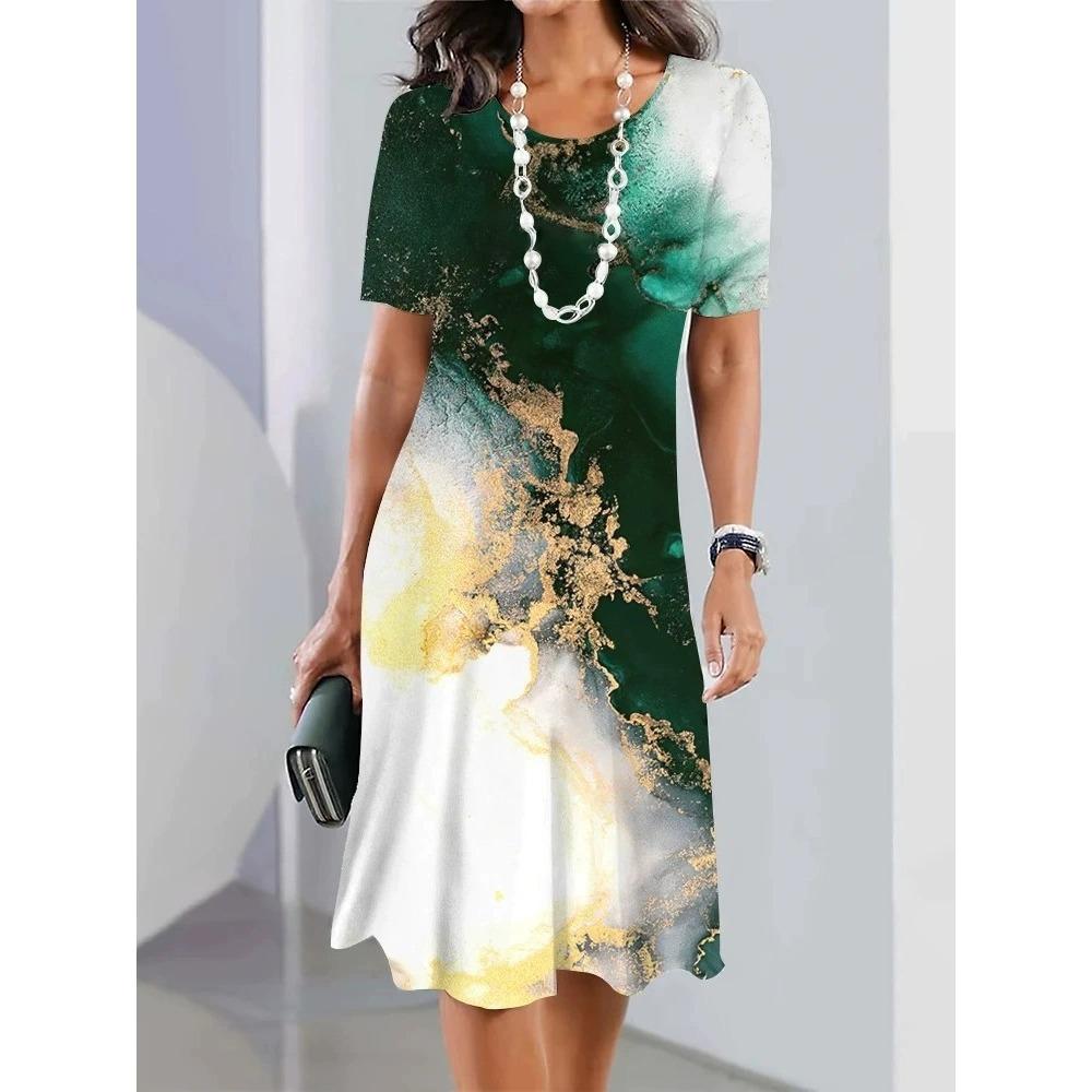 

Summer New Women s Fashion Floral 3D Digital Printing Casual Comfortable Loose Round Neck Mid Length Dress S