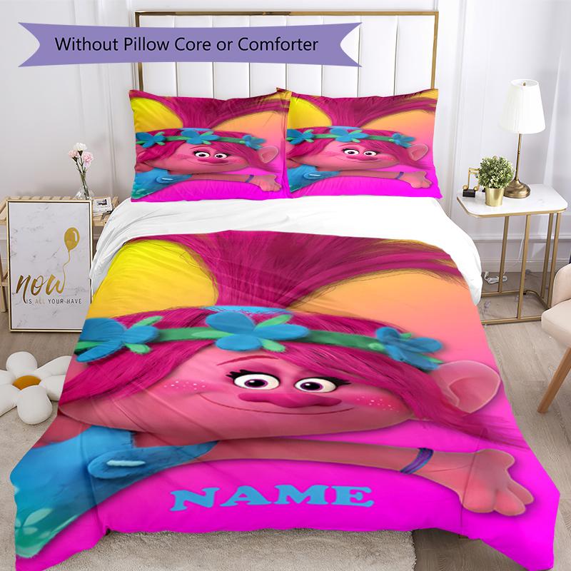 3pcs Custom Name Trolls Bedding Set Duvet Cover Closure Includes 1 Duvet Cover & 2 Pillowcases, Soft and Comfortable for All Seasons.