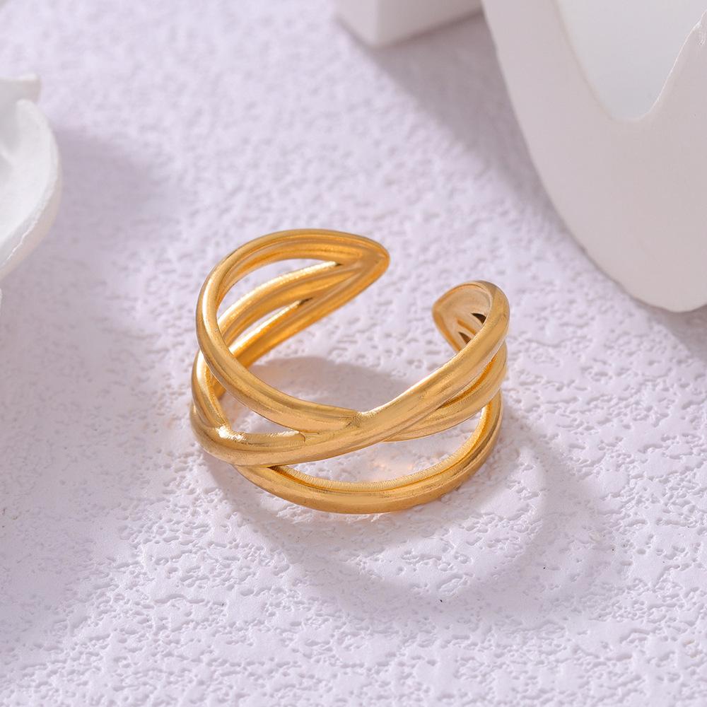 Geometric Double Layer Intersecting Titanium Steel Ring for Women - Simple, Stylish, Gold-Plated INS Fashion Style