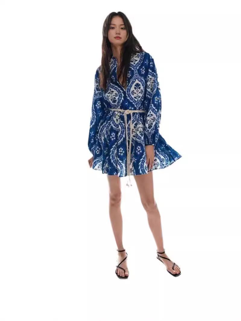 

Геометрическое платье-трапеция на шнуровке для женщин 2025: Европейский и американский летний стиль M синий