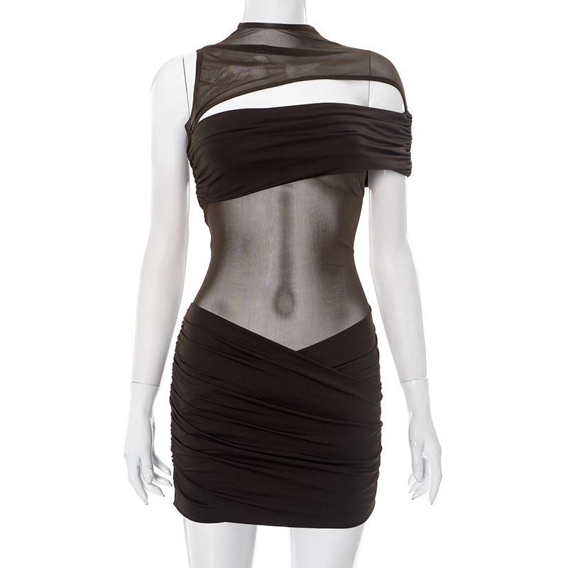 

European Summer Round Neck Pullover Dress: Sexy Hollow-out, Waist-cinching, Hip-hugging Design Large коричневый