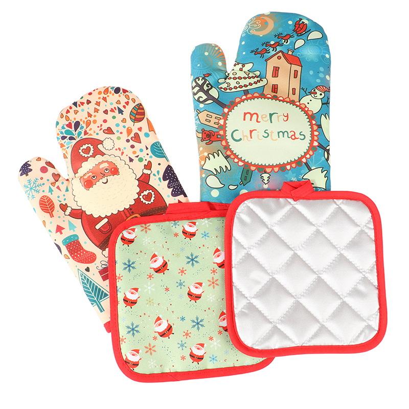 1Set Christmas Oven Gloves Pot Holders Set Santa Claus Snowflake Candy Pattern Insulated Oven Mitts Home Kitchen Christmas Decor