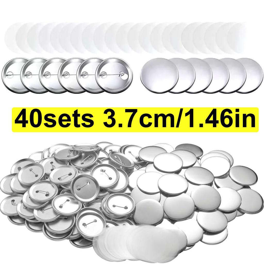 40Set 3.7cm/1.46in Round Button Parts Kit - Tinplate Tops & Plastic Clips with Film for DIY Button Maker Machine, ZSY