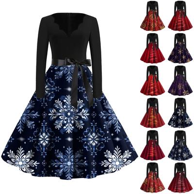 Women's Fashion V-Neck Casual Slim Christmas Printed Long Sleeve Dresses