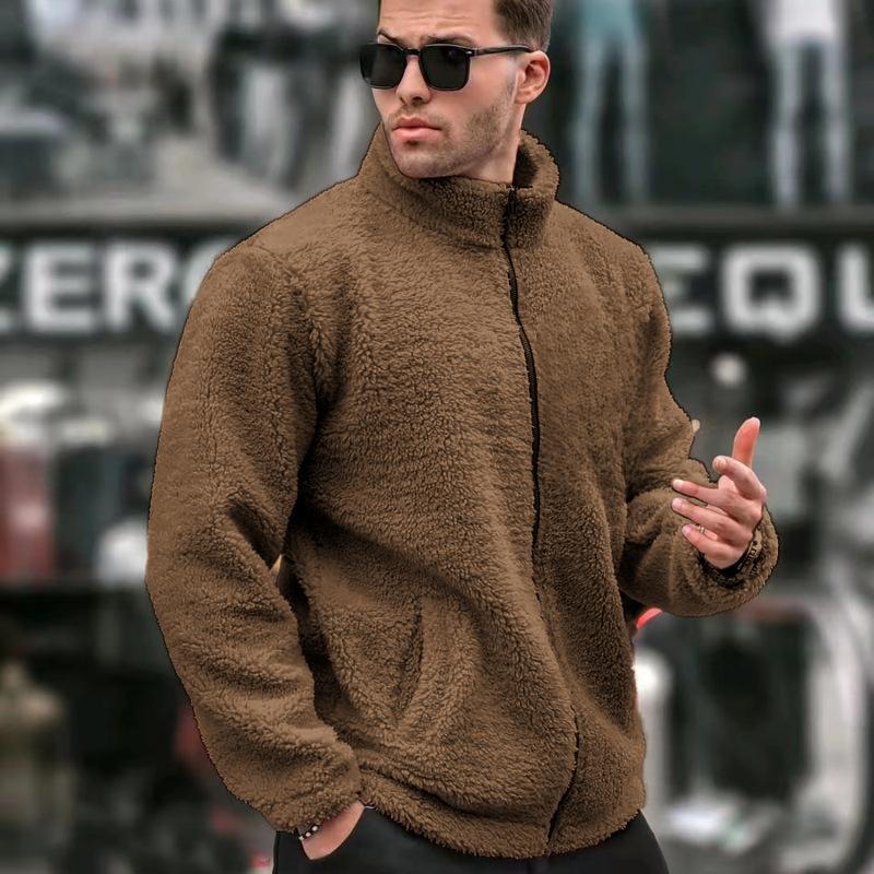 

Fleece Full Zip Jacket Stand Collar Warm Cozy Casual Soft Outerwear for Men S коричневий