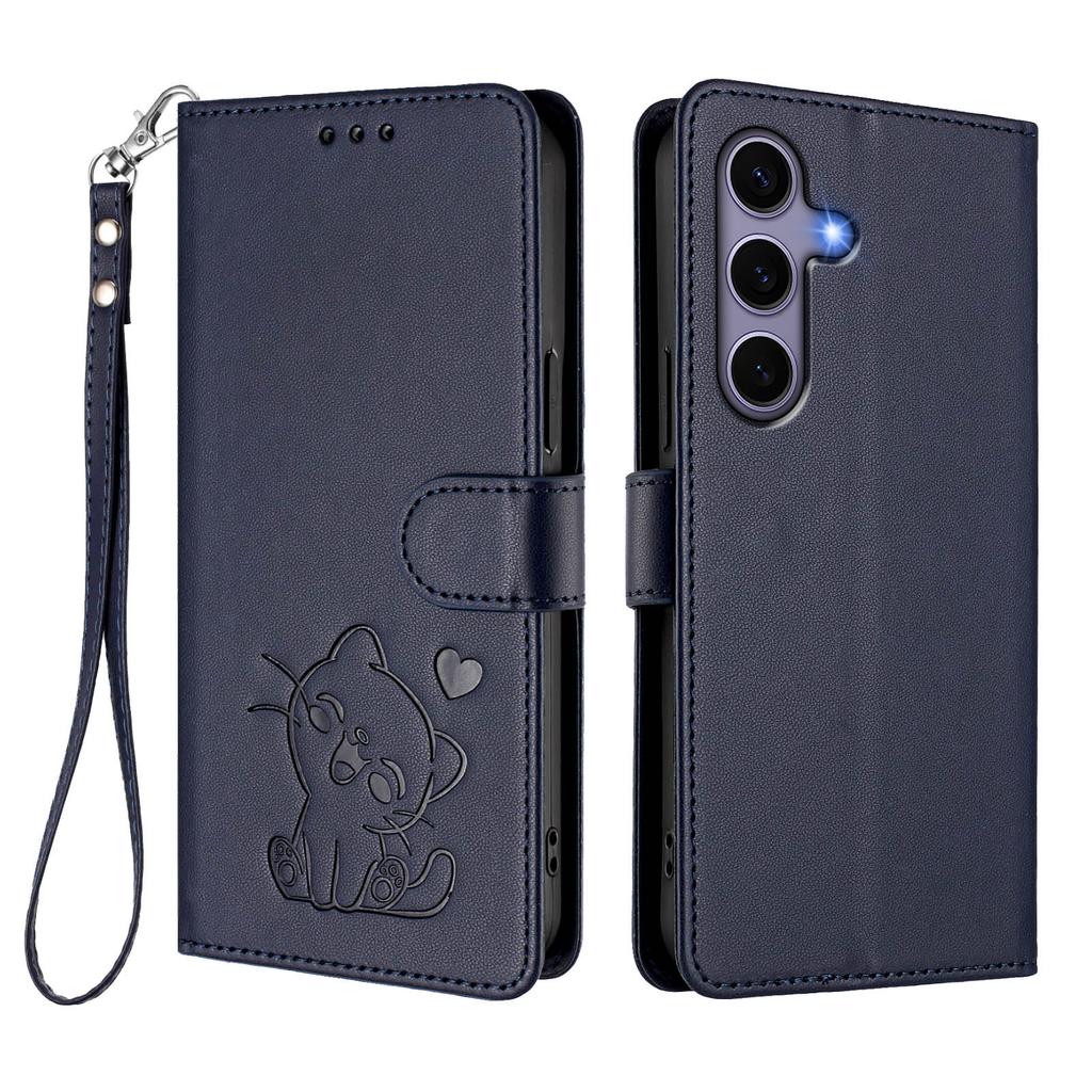 Pro Samsung Galaxy S24/Galaxy S25 Peněženkové pouzdro s poutkem na zápěstí Vzor Love Cat Ražba Kožený kryt na telefon