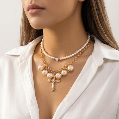 Luxury Baroque Imitation Pearl Cross Zircon Layered Necklace for Women Y2K Vintage Gold Plated Chain Choker Party Jewelry Gift