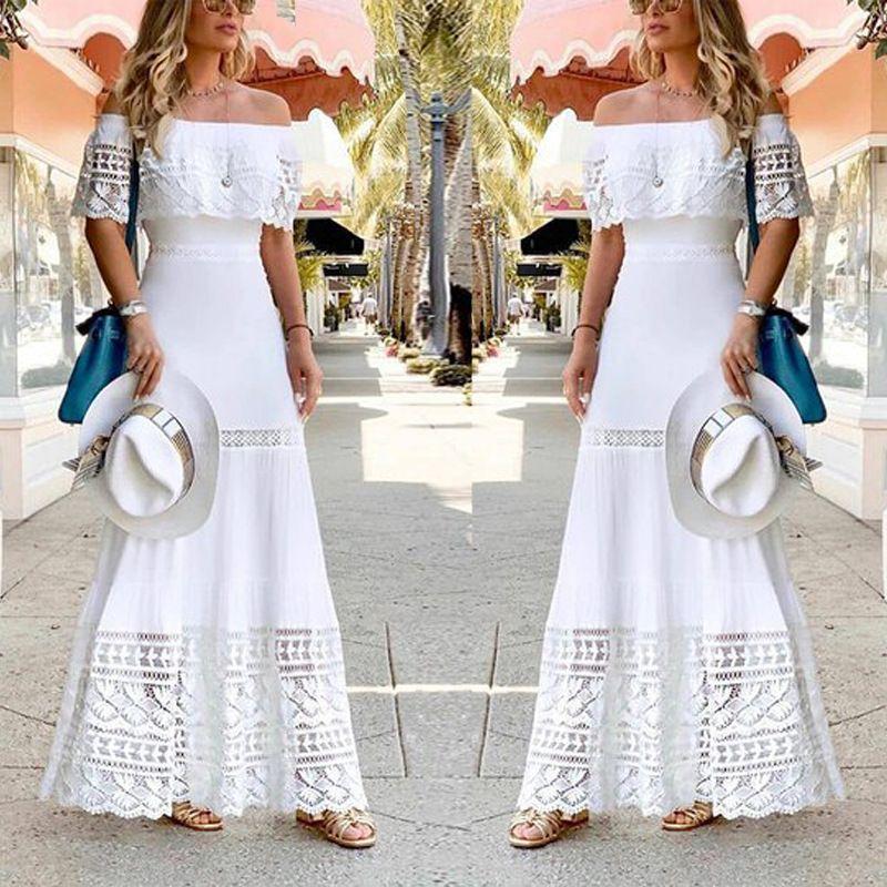 Temperament Slim Dress Summer New Style European and American Fashion off-Shoulder Stitching Lace Dress