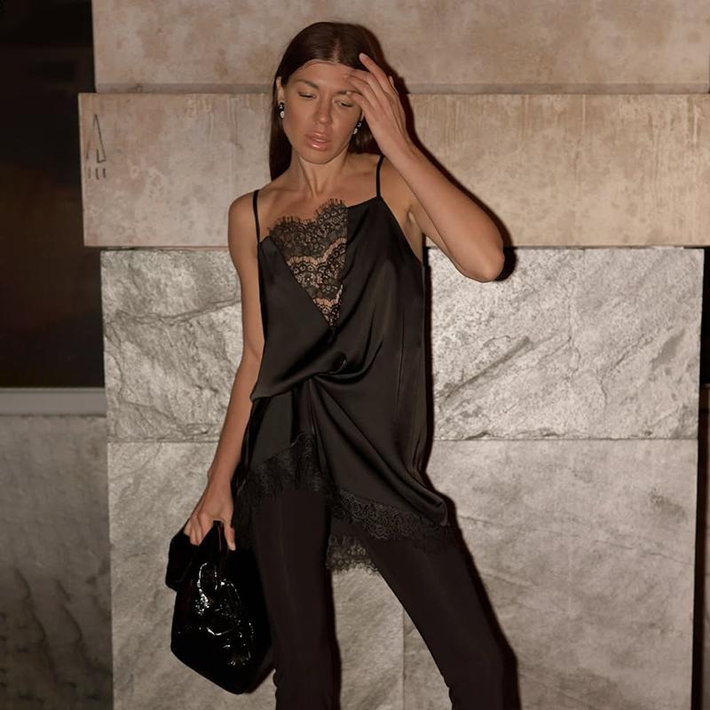 Black Lace Slip Dress Women Satin Sexy Sleeveless Loose Short Dresses Party Club Elegant Backless Mini Dress Vestidos