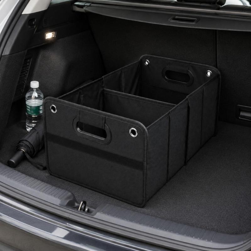 Car Cargo Container for Trunk Storage, 30L Foldable Fabric Bin with Recessed Side Handles for Grouping Loose Grocery and Travel Items, Black