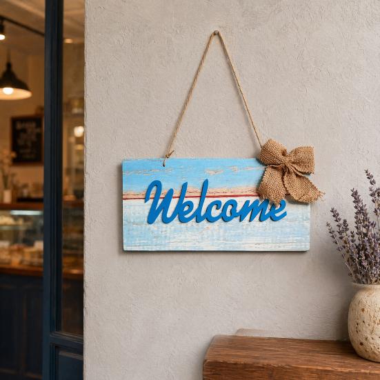 Yangyizhi Welcome Decorative Sign, Wooden Mediterranean Retro Style Wall Mounted Door Sign for Indoor Outdoor Use